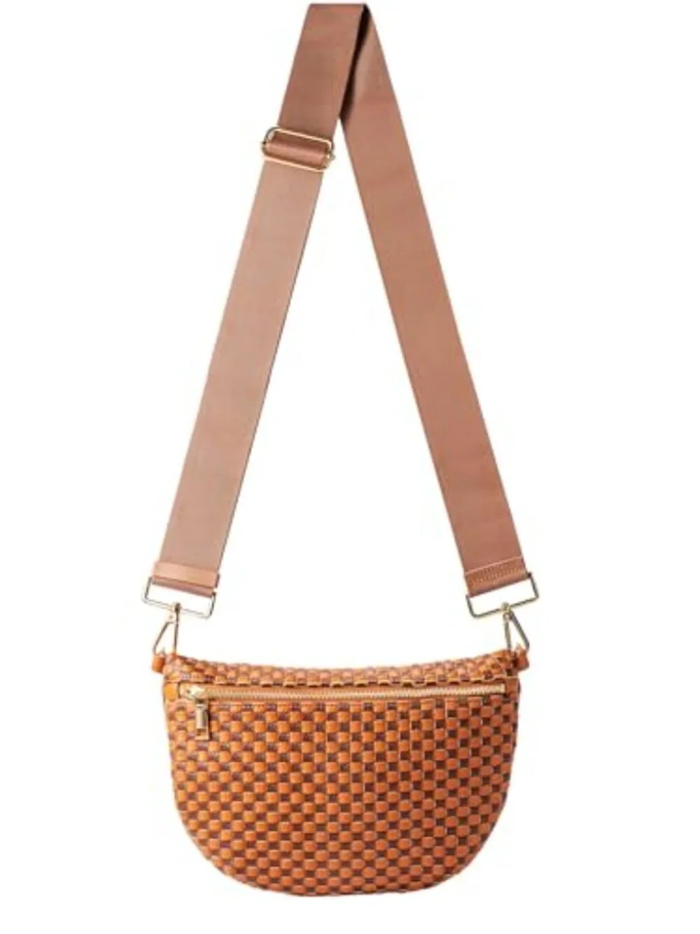 Woven Crossbody Bag, Checkered PU Bum Bag Sling Purse with Adjustable Strap for